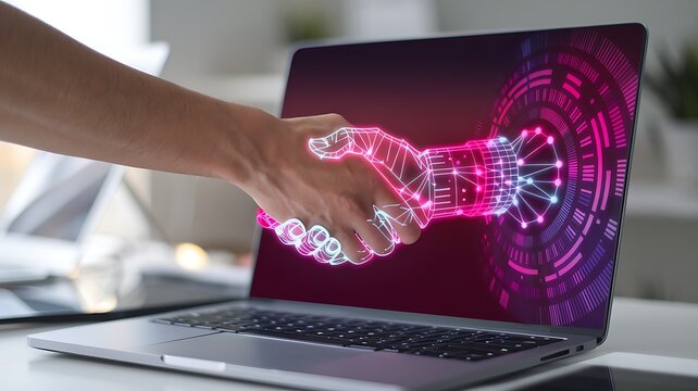 A human and an AI agent shake hands at a digital interface, representing AGI and ASI singularity in artificial intelligence collaboration, trust, and the fusion of human and machine intelligence