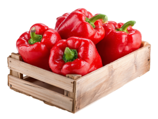 Five ripe, ruby-red bell peppers nestle within a rustic wooden crate