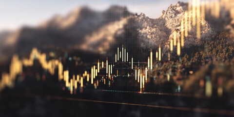 Abstract financial chart overlaid with a blurred mountain landscape