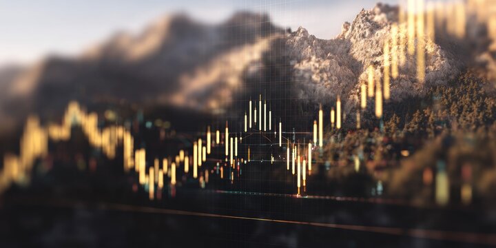 Abstract financial chart overlaid with a blurred mountain landscape