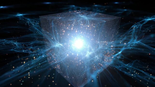 Cube is surrounded by a blue light. in the middle of a blue and white background. digital cube exploding into particle streams forming neural logic gates, cosmic blue backdrop, quantum ai development