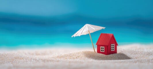 The vibrant beach house under a sunshade umbrella by the tranquil sea.