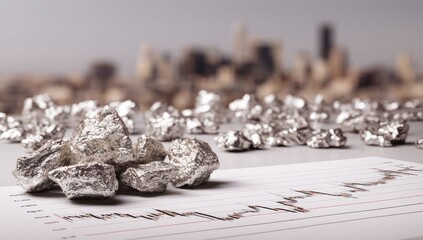 Silver nuggets on a financial chart over a cityscape