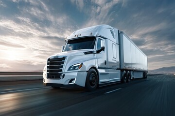 Long Haul Truck Racing on Freeway. White Big Rig Semitruck Speeding on Highway