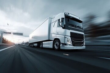 Long Haul Truck. White Semi Truck Speeding on Expressway with Cargo Trailer