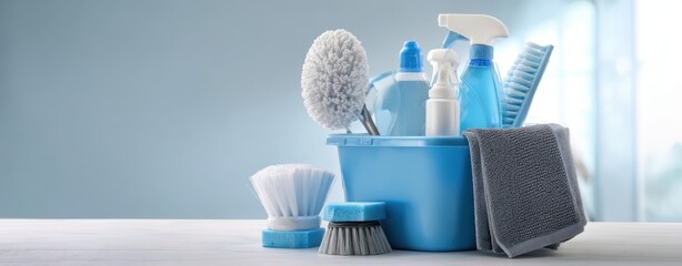 The essential cleaning supplies arranged in a tidy blue bucket.