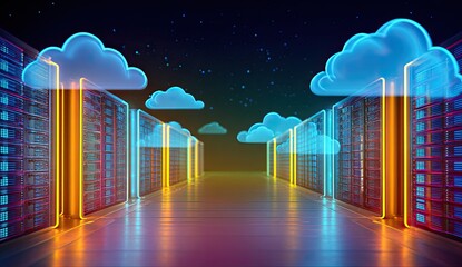 Futuristic server room with glowing neon cloud imagery