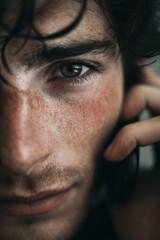 Fototapeta premium Man Making Long Distance Phone Call. Closeup of Male's Face While Talking on Phone