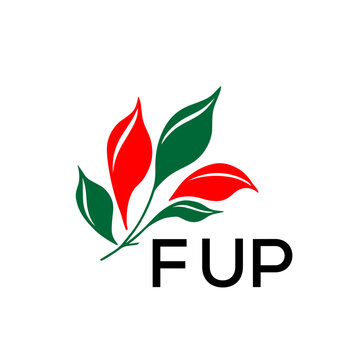FUP Minimalist Red and Green Leaf Logo Design with FUP  Text, FUP Later Logo, Modern Nature Inspired Logo with Red and Green Leaves. 
