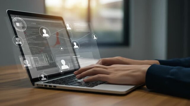 Person using laptop with glowing network of people and data, close-up of hands typing on keyboard, technological concept