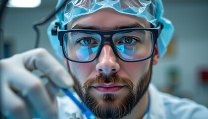 Male researcher in lab attire focuses on scientific procedure, wearing protective glasses.