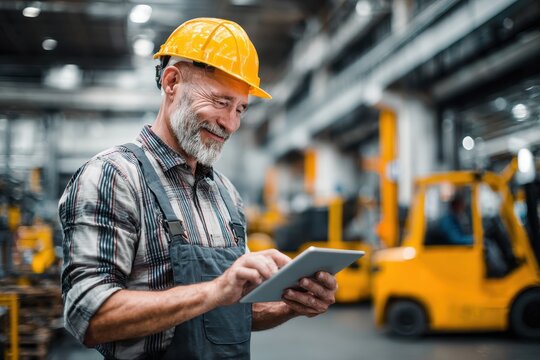 Manufacturing Executive. CEO with Tablet Checking Production Results in Plant