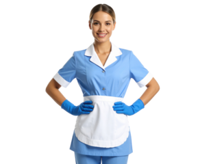 A smiling woman dressed in a blue and white maid uniform with blue gloves, posing confidently with hands on hips.