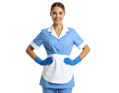 A smiling woman dressed in a blue and white maid uniform with blue gloves, posing confidently with hands on hips. - Powered by Adobe