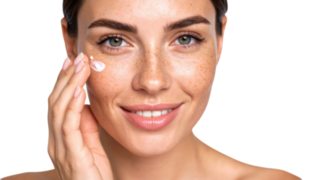 A smiling woman with clear skin applies cream to her cheek, showcasing a skincare routine and natural beauty.