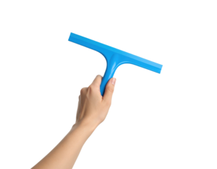 A hand holding a blue squeegee tool used for cleaning windows or smooth surfaces.