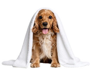 A golden-brown Cocker Spaniel dog with wavy fur sits with a white towel draped over its head, tongue out, looking directly at the camera.