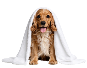 A golden-brown Cocker Spaniel dog with wavy fur sits with a white towel draped over its head, tongue out, looking directly at the camera.