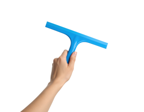A hand holding a blue squeegee tool used for cleaning windows or smooth surfaces.