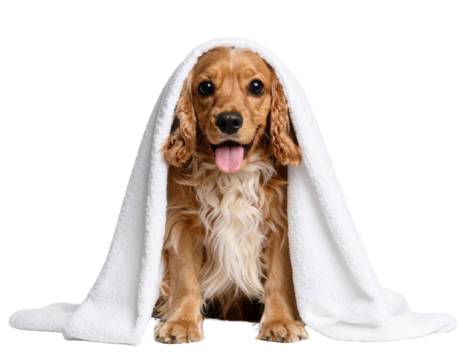 A golden-brown Cocker Spaniel dog with wavy fur sits with a white towel draped over its head, tongue out, looking directly at the camera.