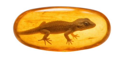 Amber inclusion of a small gecko, with visible scales and partial limb preservation