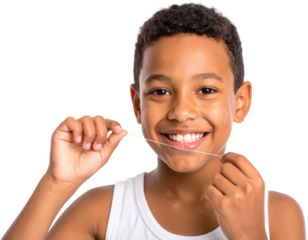 A smiling boy is holding and flossing his teeth with dental floss, demonstrating oral hygiene.
