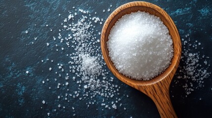 Coarse salt in a wooden spoon placed on a dark textured surface with scattered salt grains