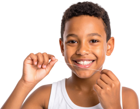 A smiling boy is holding and flossing his teeth with dental floss, demonstrating oral hygiene.