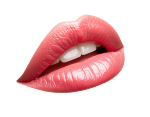 Glossy pink lips slightly parted to reveal white teeth, showing a soft natural texture with subtle shine and detailed lip lines.