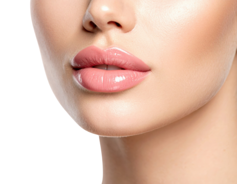 Close-up of a woman"s lower face showcasing smooth skin and glossy, well-defined pink lips against a black background.