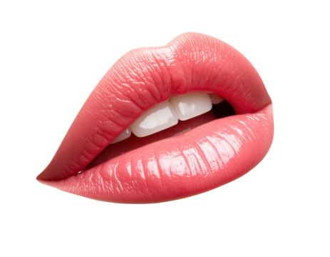 Glossy pink lips slightly parted to reveal white teeth, showing a soft natural texture with subtle shine and detailed lip lines.