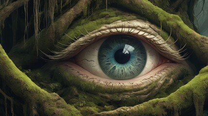 A close up of a blue eye surrounded by mossy tree branches and hanging roots in a forest setting