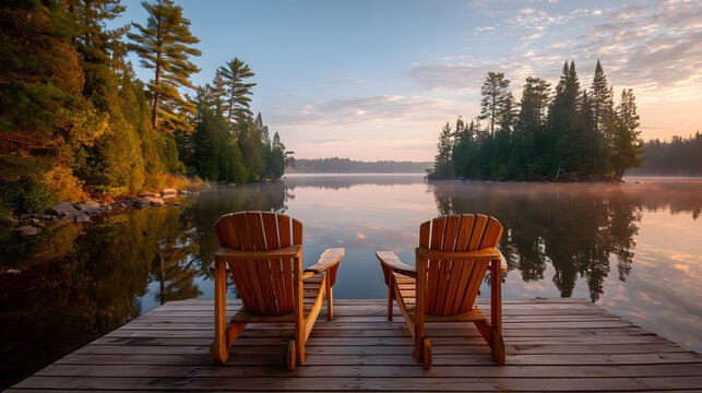 A calm cottage scene in Muskoka, Ontario.	A serene landscape of a wooden cottage dock with two empty Muskoka chairs, looking out onto a calm lake during a Canadian summer.
 - Powered by Adobe