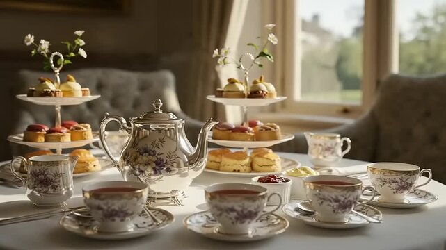 Afternoon tea service with pastries and teacups