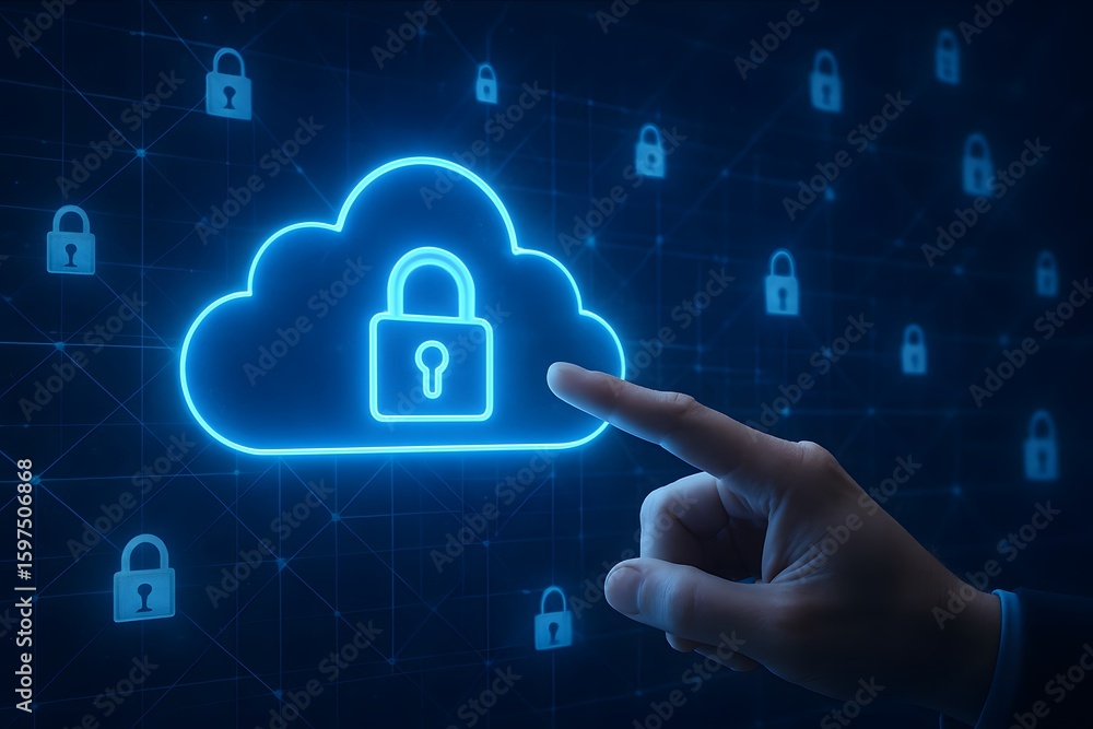 Poster hand pointing at glowing cloud with padlock symbol representing secure cloud data storage, online pr