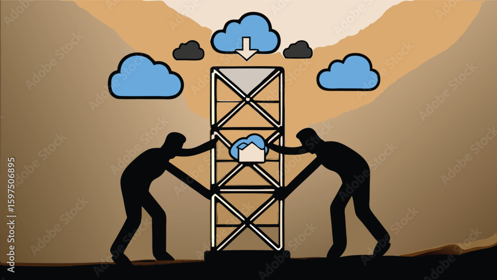 Poster two figures supporting a tower with clouds above it in a stylized landscape scene design