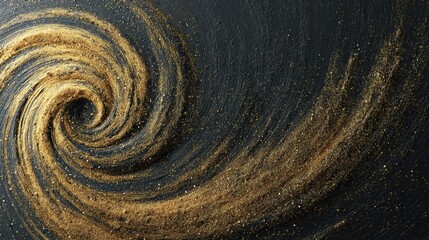Dynamic golden spiral vortex with glitter particles, luxury abstract background for premium branding, elegant packaging, and cosmetic promotion, dark bronze core, matte texture ridges.
