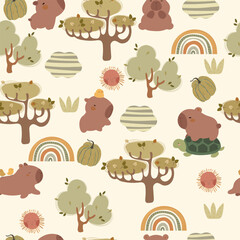 Kids pattern with hand drawn capybaras, cartoon nature, rainbows, trees, pumpkin. Vector illustration with animals and hand drawn cartoon nature, seamless pattern.
