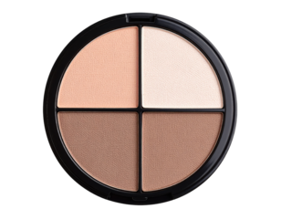 A round makeup palette featuring four shades of neutral-toned pressed powder eyeshadows arranged in equal quadrants.