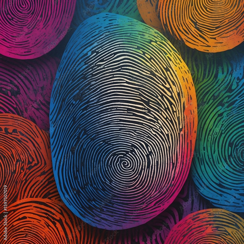 Poster abstract design of overlapping fingerprint patterns in vibrant colors.
