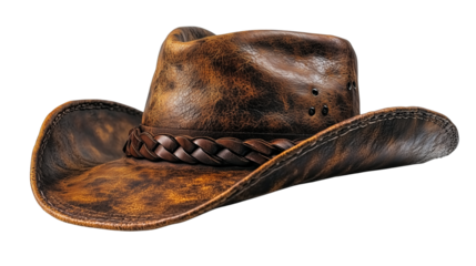 High-quality artistic rendering of a brown cowboy hat with strong leather texture and braided decor on transparent background