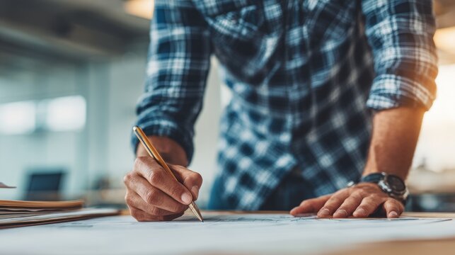 man in a checkered shirt sketching or drawing on architectural blueprints at a modern office desk - Powered by Adobe