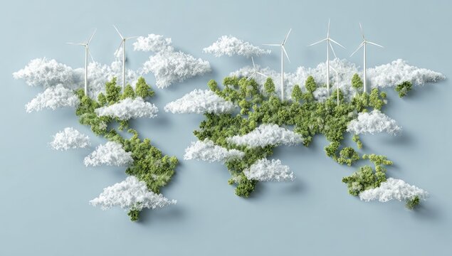 World map with green vegetation and clouds