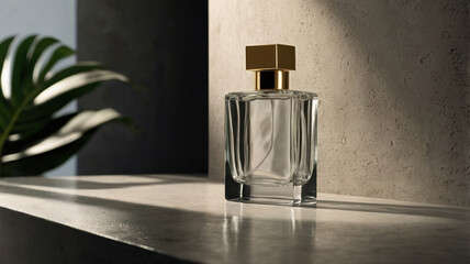 Elegant perfume bottle on stylish surface