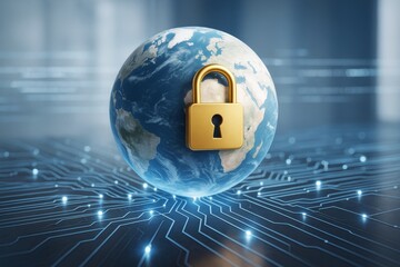 Cybersecurity concept with golden padlock on Earth globe representing global data protection, with circuit board background and blue light effects.