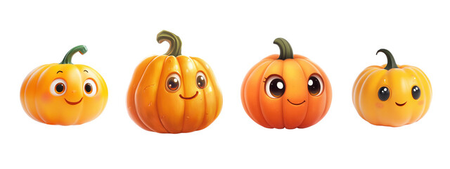 Naklejka premium Four friendly cartoon pumpkins with big eyes and smiling faces are ready to celebrate halloween, creating a cheerful and festive atmosphere