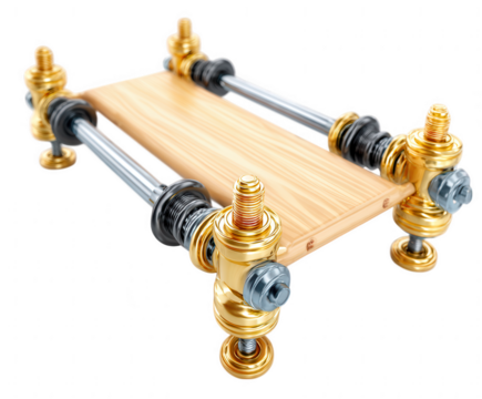 Detailed 3d render of a wooden plank secured by golden metal clamps isolated on transparent background