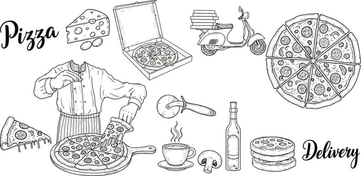 Hand drawn pizza making and delivery service elements with transparent background - Powered by Adobe