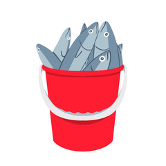 Vector illustration of a red bucket filled with fresh fish. Perfect for seafood, fishing industry, market, or culinary-related visuals. Clean and modern flat design. © NUR