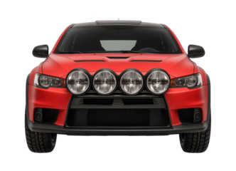 Rally car featuring large rally lights mounted on the front grille